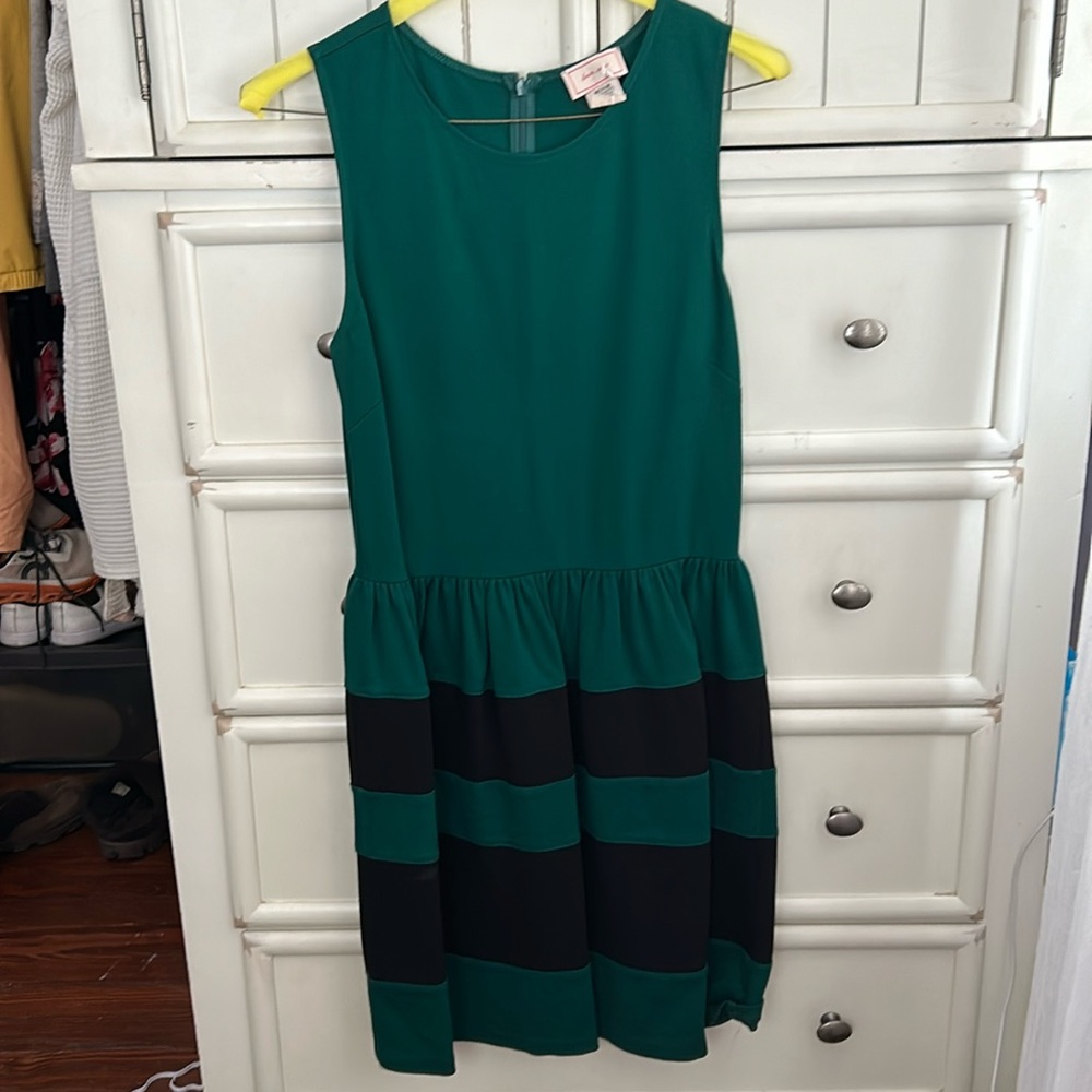 High neck dark green with black stripe mini dress